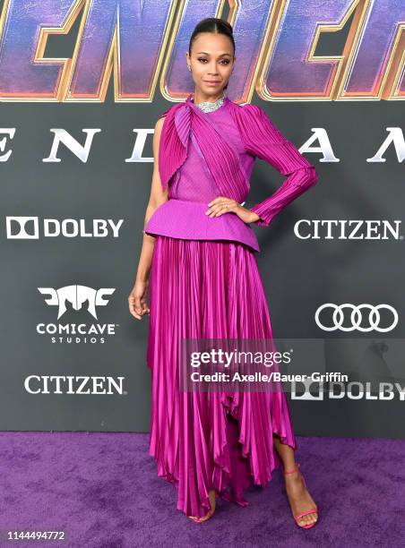 Zoe Saldana attends the World Premiere of Walt Disney Studios Motion Pictures 'Avengers: Endgame' at Los Angeles Convention Center on April 22, 2019...