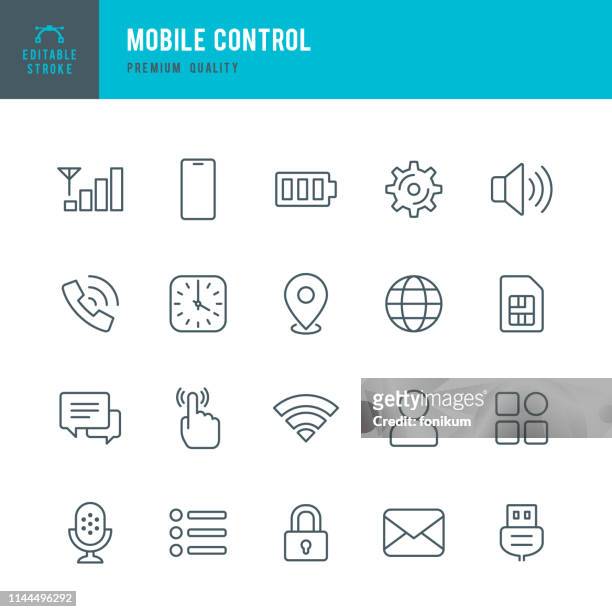 illustrazioni stock, clip art, cartoni animati e icone di tendenza di mobile control - set di icone vettoriali a linea sottile - microfono