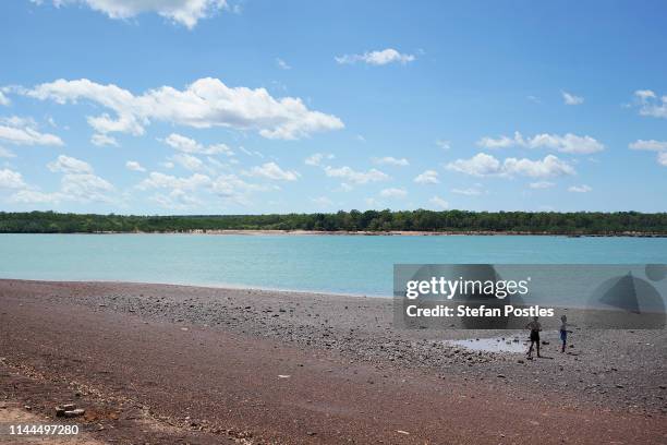 Two children play on a Bathurst Island beach on April 18, 2019 in Wurrumiyanga, Australia. Mr Shorten today announced a Labor Government would...