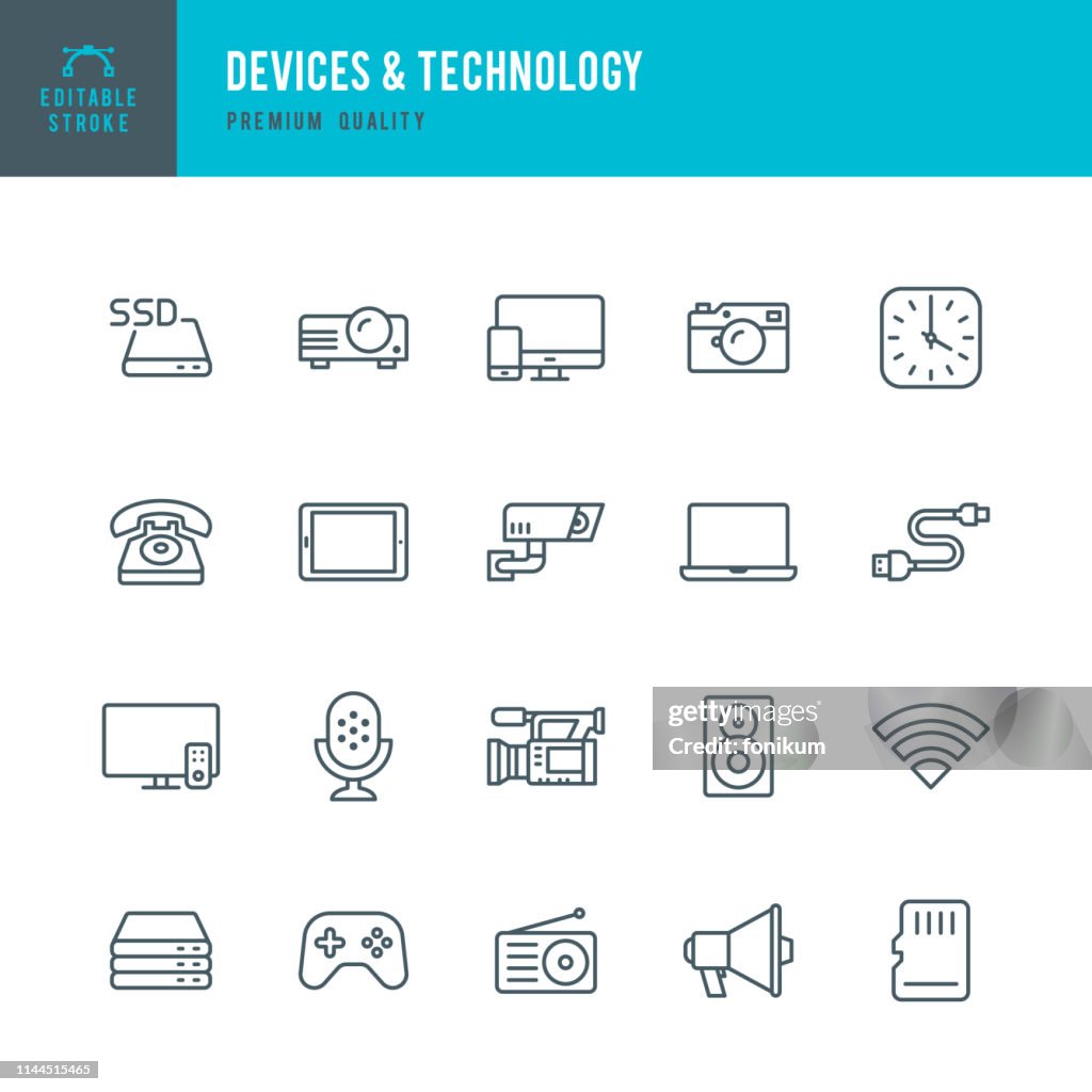 Devices & Technology - set of thin line vector icons