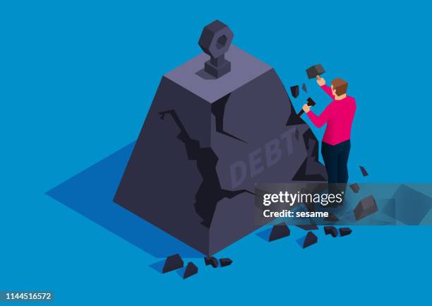tax, debt business concept, businessman holding a hammer slowly to open huge stones - carving stock illustrations