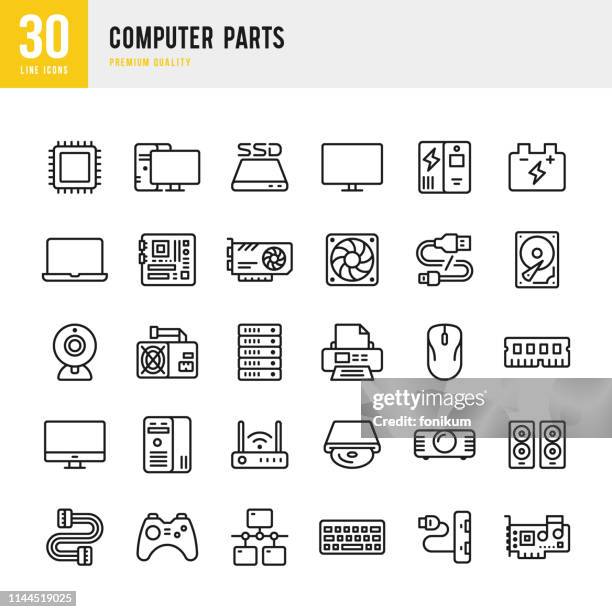 illustrazioni stock, clip art, cartoni animati e icone di tendenza di parti computer - set di icone vettoriali di linea - router