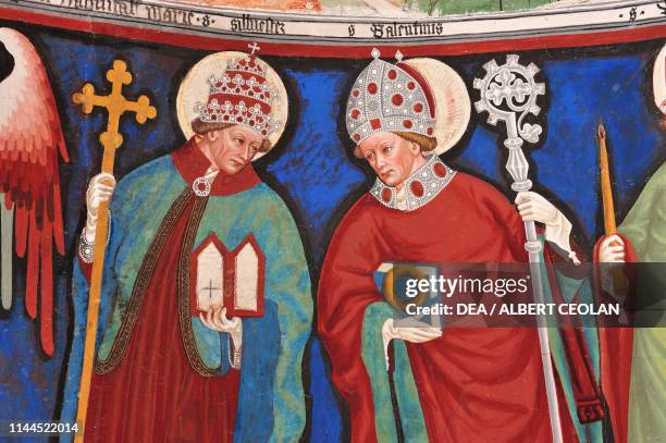 Saints Sylvester and Valentine, fresco in the apse of the Church of Saint George, Taisten, Puster Valley, Trentino-Alto Adige, Italy, 9th century,...