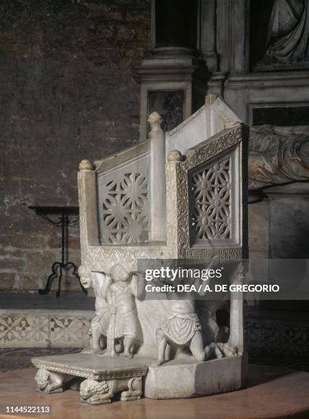 Episcopal throne or Elias's Cathedra, 12th century, Basilica of St Nicholas, Bari, Apulia, Italy.