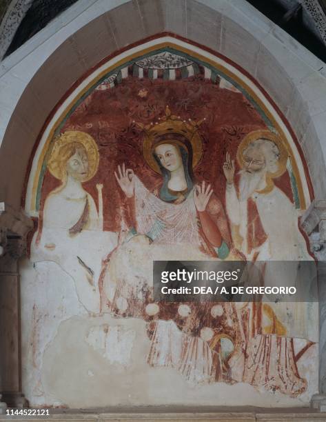 Madonna with Child and two saints, by Giovanni di Francia, fresco from Passasepe Lambertini's tomb, Crypt of Santa Maria della Scala, Trani...