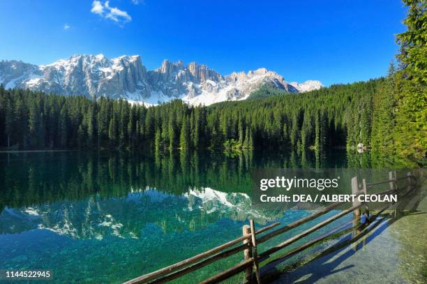 Lake Carezza with the Latemar Range in the background, Dolomites , Trentino-Alto Adige, Italy.