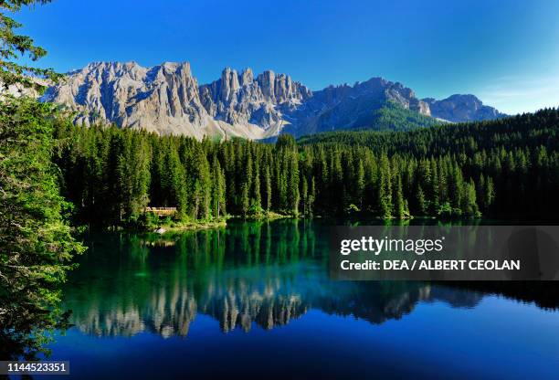 Lake Carezza with the Latemar in the background, Ega Valley, Dolomites , Trentino-Alto Adige, Italy.