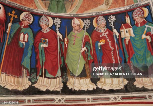 Frescoes of Saints Sylvester, Valentine, Blaise, Nicholas and Wolfgang, apse of the Church of Saint George, Taisten, Puster Valley, Trentino-Alto...