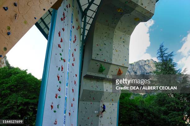 Free-climber at the Climbing Stadium, Arco, Trentino-Alto Adige, Italy.
