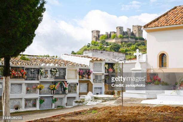andalusian landscape with castle and cemetery - evergreen cemetery stock pictures, royalty-free photos & images