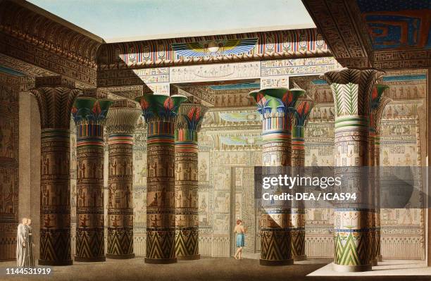 Perspective view of the portico of the Temple of Isis, Island of Philae, Egypt, coloured engraving by Antoine Phelippeaux after a drawing by Le Pere,...