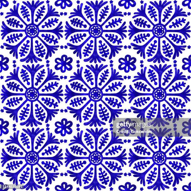 ilustraciones, imágenes clip art, dibujos animados e iconos de stock de acuarela pintado a mano azul marino azulejo. patrón de azulejo vectorial, mosaico floral árabe de lisboa, ornamento azul marino sin costuras mediterránea - floral pattern