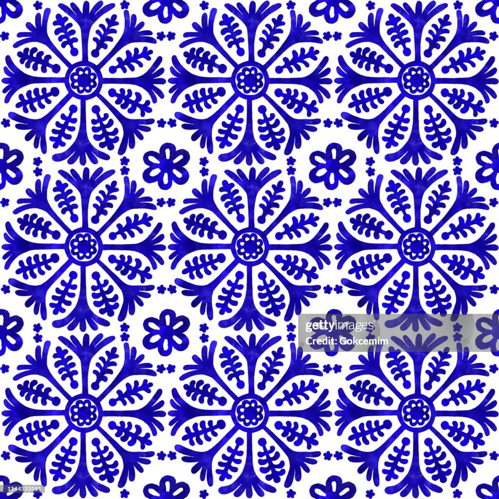 Watercolor Hand Painted Navy Blue Tile. Vector tile pattern, Lisbon Arabic Floral Mosaic, Mediterranean Seamless Navy Blue Ornament