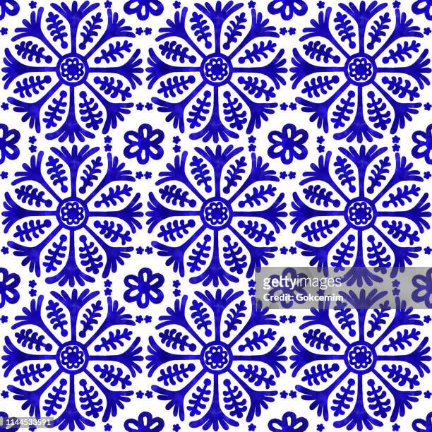 watercolor hand painted navy blue tile. vector tile pattern, lisbon arabic floral mosaic, mediterranean seamless navy blue ornament - moroccan tile stock illustrations