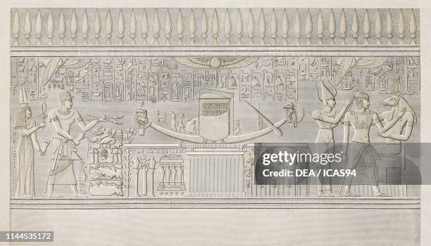 Solar barge, relief, South Temple , Elephantine Island, near Syene , Egypt, engraving after a drawing by Cecile, Chabrol, and Redoute, from...