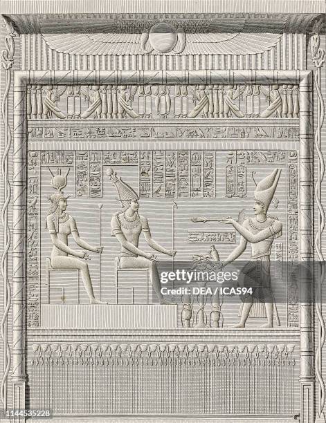 Trajan as a pharaoh making an offering to Osiris and Isis, relief, Kiosk of Trajan, Island of Philae, Egypt, engraving by Louis-Pierre Baltard and...