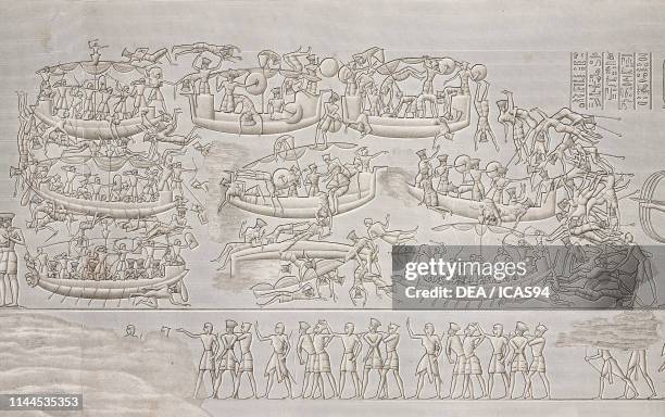 Ramesses III and his soldiers defeating the Sea Peoples during the Battle of the Delta , relief, Mortuary Temple of Ramesses III, Medinet Habu temple...