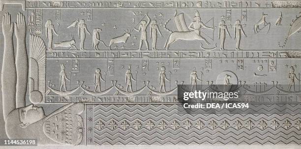 Bas-relief decoration depicting zodiac signs, ceiling of Hathor Temple portico, Dendera Temple complex, Egypt, engraving after a drawing by Jollois...