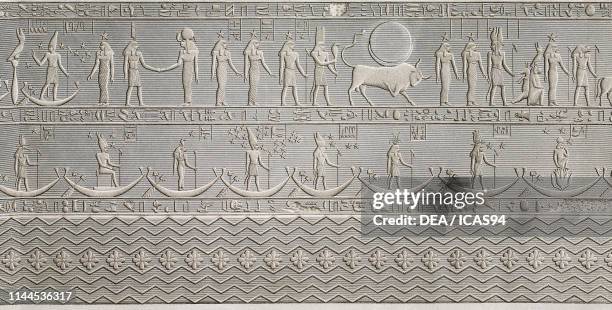 Bas-relief decoration depicting zodiac signs, ceiling of Hathor Temple portico, Dendera Temple complex, Egypt, engraving after a drawing by Jollois...