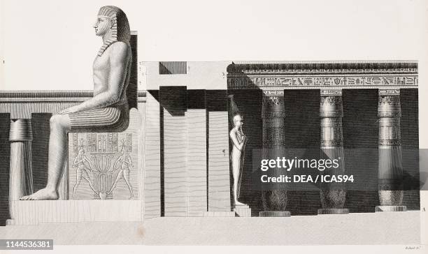 Longitudinal section of the first and of the second courtyard , Ramesseum, memorial temple of Ramesses II, Theban Necropolis, Luxor, Egypt, engraving...