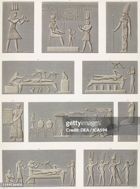 Carved bas-reliefs, Zodiac Hall and walls of Hathor Temple, Dendera Temple complex, Egypt, engravings after drawings by Dutertre, from Description de...