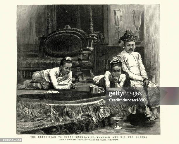 king thibaw min of burma and his queens, 19th century - myanmar stock illustrations