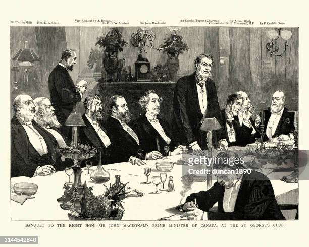banquet for john macdonald, canadian prime minister, st george's club - gentlemens club stock illustrations