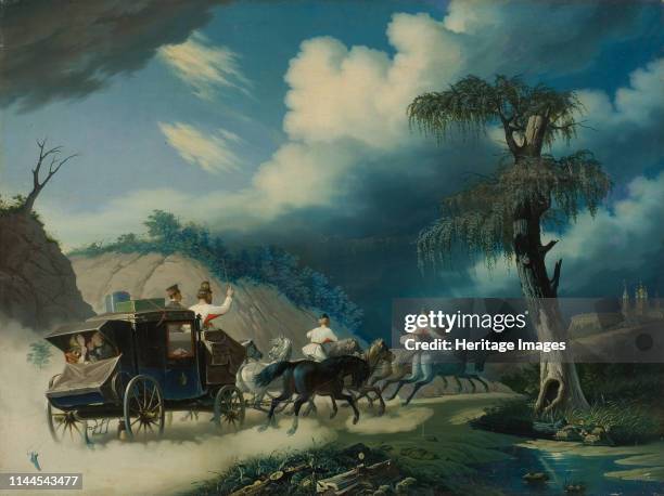Troika during a thunderstorm, 1830s. Found in the Collection of Museum of Horse breeding in the Timiryazev Academy, Moscow. Artist Hampeln, Carl, von...