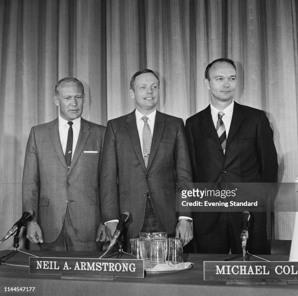 The Apollo 11 astronauts Neil Armstrong , Buzz Aldrin, and Michael Collins at a press conference, UK, 17th October 1969.