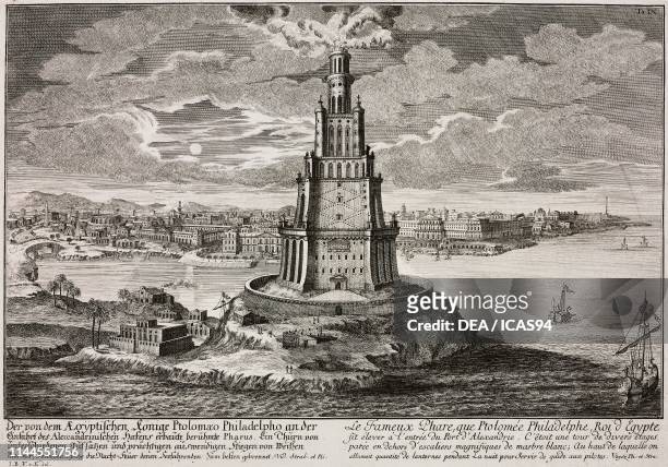 The Lighthouse of Alexandria, one of the Seven Wonders of the Ancient World, 300-280 BC, Egypt, engraving from Entwurff einer historischen...