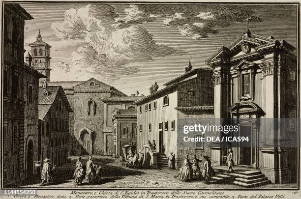 Monastery and Church of St Aegidius, of the Carmelite Nuns, Rome, Italy, etching by Giuseppe Vasi, from Delle magnificenze di Roma antica e moderna,...