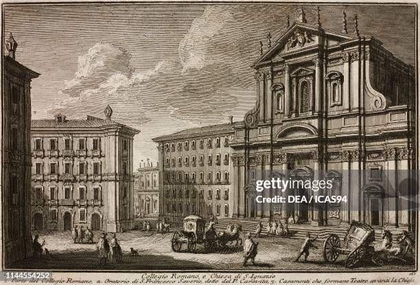 Roman College and Church of St Ignatius, Rome, Italy, etching by Giuseppe Vasi, from Delle magnificenze di Roma antica e moderna, libro nono, I...