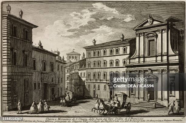 Church and Monastery of St Clare, of the Frasciscan nuns, on the left the house of St Catherine of Siena, Rome, Italy, etching by Giuseppe Vasi, from...