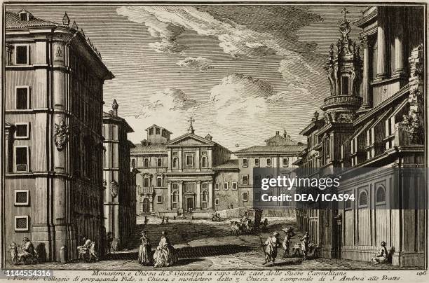 Monastery and Church of St Joseph, of the Carmelite Nuns, on the right the Basilica of Sant'Andrea delle Fratte, Rome, Italy, etching by Giuseppe...