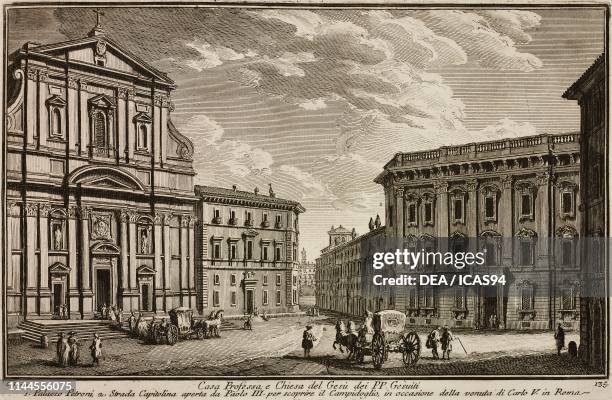 Casa Professa and Chiesa del Gesu, Rome, Italy, etching by Giuseppe Vasi, from Delle magnificenze di Roma antica e moderna, libro settimo, I conventi...