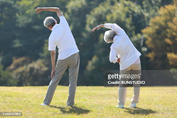 rear view of senior couple stretching in park - back stretch stockfoto's en -beelden
