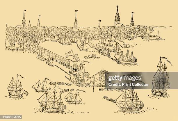 English Ships of War at Boston In 1768', circa 1930. View of the harbour in Boston, Massachusetts. The Boston Tea Party was a protest by the American...