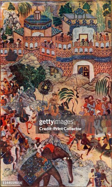 The Great Emperor Akbar Enters His City in State' , . The Mughal emperor Akbar's triumphant entry into the fort of Surat in western India, after...