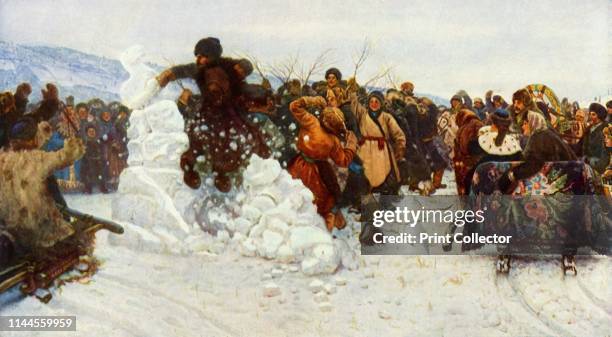 Taking the Little Snow-town' . 'Scene from a Siberian village entertainment', painted in Krasnoyarsk, inspired by the . Artist's childhood memories....