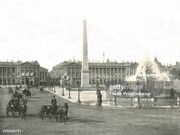 The Place de la Concorde, Paris, France, 1895. View of the ancient Egyptian obelisk and neoclassical fountains. From "Round the World in Pictures and...