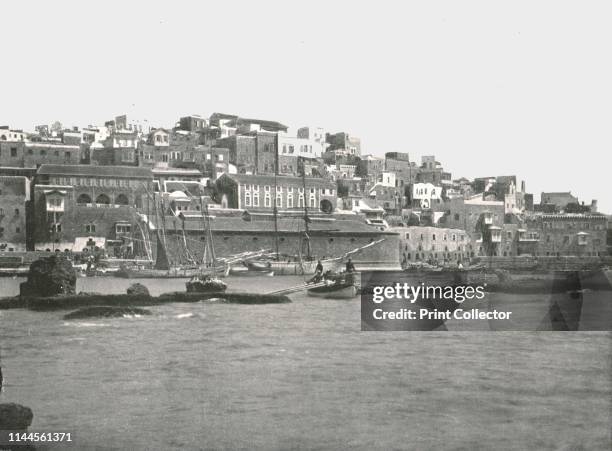 View from the sea, Jaffa, Palestine, 1895. Ships in the Mediterrranean port of Jaffa. The site was inhabited at least as far back as 7500 BC. From...