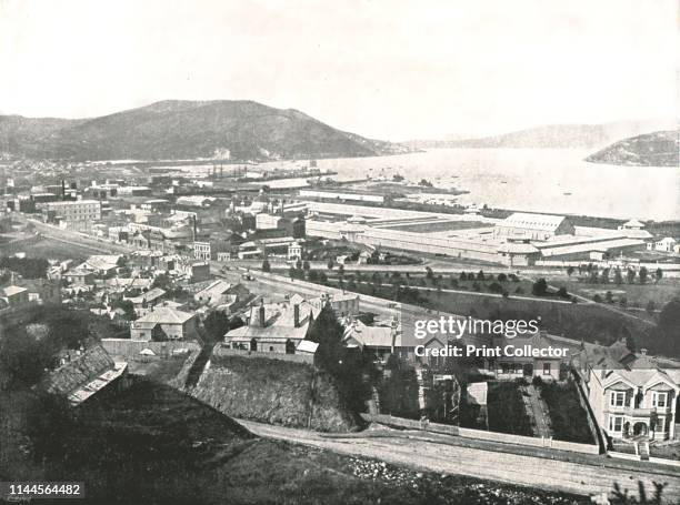 View from Maitland Street, Dunedin, New Zealand, 1895. The town of Dunedin, on the South Island, lies on Otago Harbour. Whalers established the town...