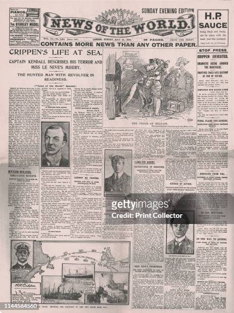 Crippen's Life at Sea', front page of the "News of the World", 31 July 1910. Headline story about murderer Dr Hawley Harvey Crippen and his lover,...