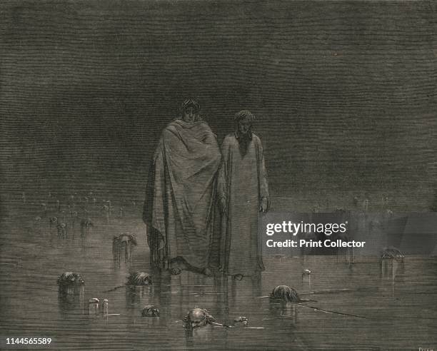 "Look how thou walkest. Take good heed, thy soles do tread not on the heads of thy poor brethren"', circa 1890. Dante and the Roman poet Virgil walk...