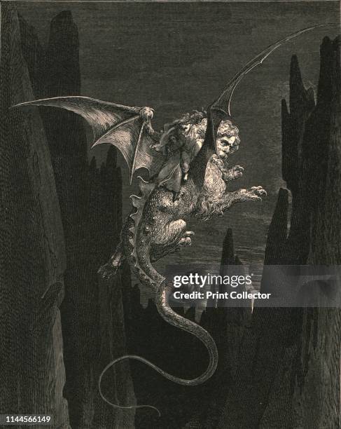 New terror I conceived at the steep plunge', circa 1890. Dante and the Roman poet Virgil ride on the back of Geryon, the Monster of Fraud....