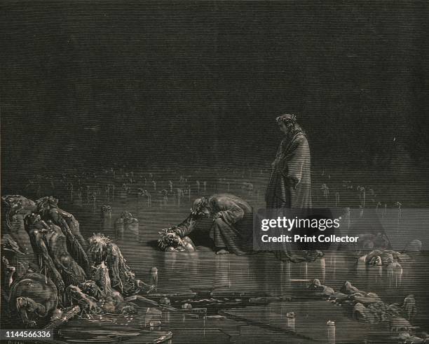 Then seizing on his hinder scalp, I cried: "Name thee, or not a hair shall tarry here"', circa 1890. Dante and the Roman poet Virgil walk on a frozen...