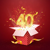 40 th years number anniversary and open gift box with explosions confetti isolated design element. Template forty fortieth birthday celebration on red background vector Illustration.