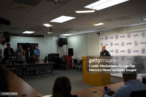 San Jose Police Chief Eddie Garcia talks to the media during a press conference regarding the death of 59-year-old Bambi Larson at the San Jose...
