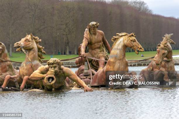 Apollo on a chariot drawn by four horses, 1668-71, detail of the bronze statue by Jean-Baptiste Tuby in the Basin of Apollo, gardens of the Palace of...