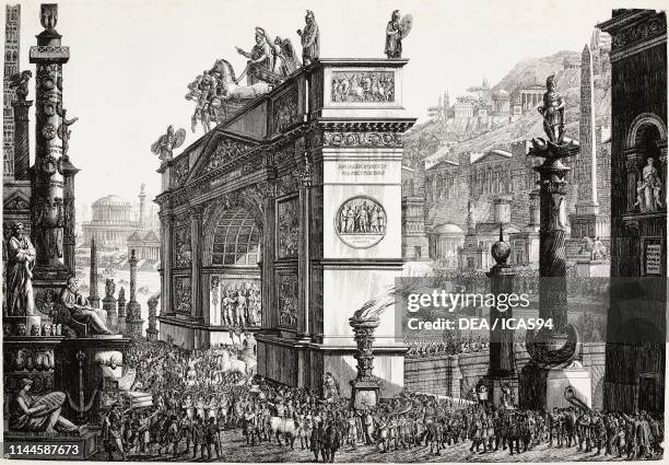 Parade of the Roman Army under the triumphal arch, imaginary view, Rome, Italy, engraving by Luigi Rossini , frontispiece of Archi trionfali onorari...